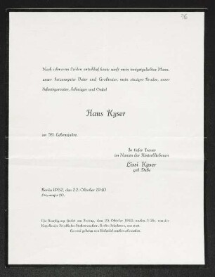 Brief von Lissi Kyser an Gerhart Hauptmann