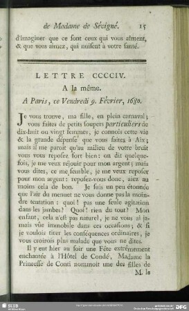 Lettre CCCCIV. A la même. A Paris, ce Vendredi 9. Février, 1680