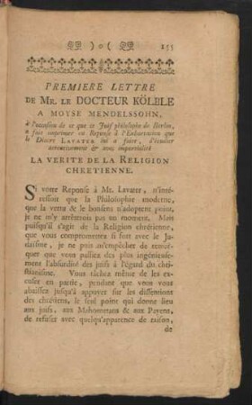 Premiere Lettre De Mr. Le Docteur Kölble ...