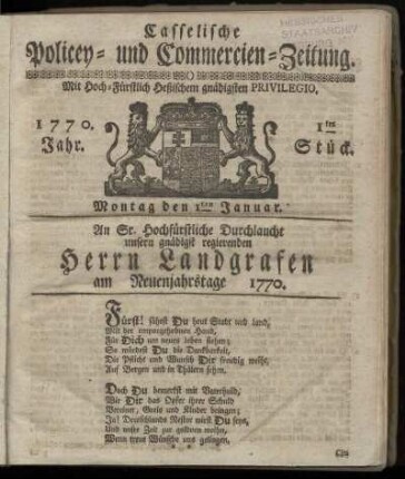 1tes Stueck, Montag den 1ten Januar. 1770