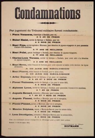 "Condamnations" (Bekanntgabe der Verurteilungen von Einheimischen durch das Militärgericht) (No. 193)