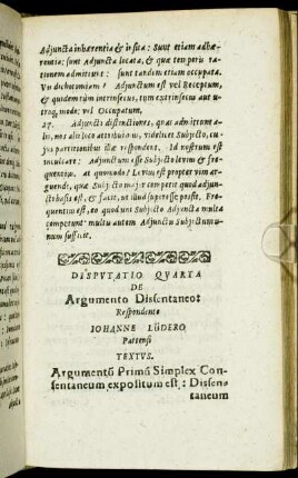 Disputatio Quarta De Argumento Dissentaneo.