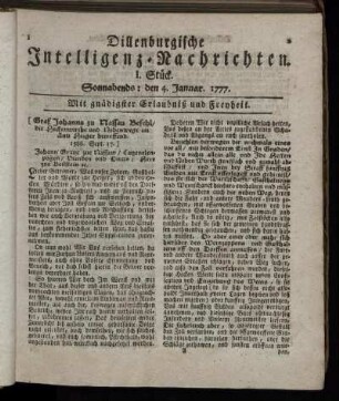 I. Stück. Sonnabends: den 4. Januar 1777.