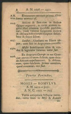 Tertia Periodus. Moses - Romulus.