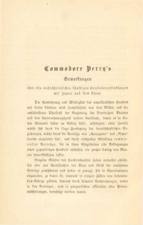 Commodore Perry's Bemerkungen über die wahrscheinlichen Künftigen Handelsverbindungen mit Japan und Lew Chew