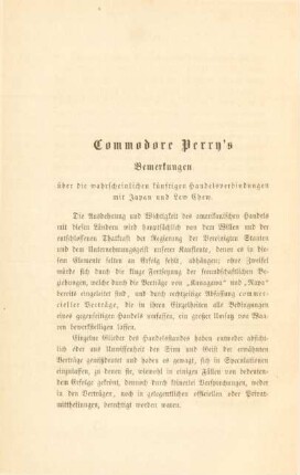 Commodore Perry's Bemerkungen über die wahrscheinlichen Künftigen Handelsverbindungen mit Japan und Lew Chew