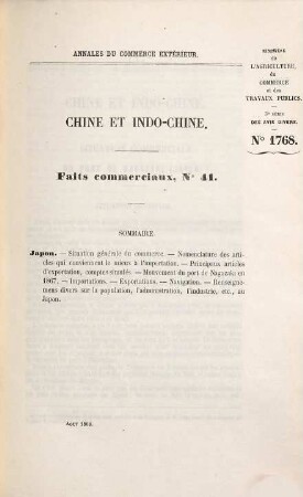 Annales du commerce extérieur. Chine et Indo-Chine. Faits commerciaux. 40/51. 1868/79