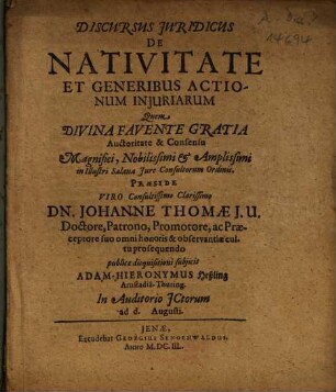 Discursus Juridicus De Nativitate Et Generibus Actionum Iniuriarum