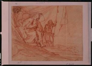 Sitzfigur (Bellona) und Mann mit Lanze