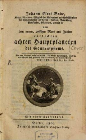 Von dem neuen, zwischen Mars und Jupiter entdeckten achten Hauptplaneten des Sonnensystems
