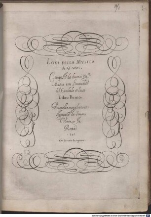 LODI DELLA MVSICA A. 3. Voci. Composte da diuersi Ecc.ti Musici con L'intauolat.a del Cimbalo e'Liuto Libro Primo