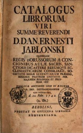 Catalogus Librorum ... Dan. Ern Jablonski