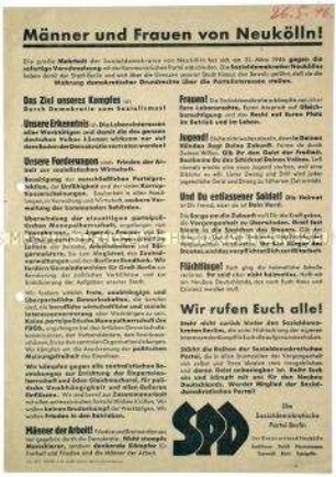 Propagandaflugblatt der SPD Berlin-Neukölln mit Mitgliederwerbung