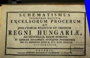 Schematismus indigitans hospitia excelsorum procerum et in inclytorum statuum et ordinum regni Hungariae, ad generalia regni comitia in liberam regiamque civitatem Posoniensem pro VI. Novembri anno 1796 indicta convocatorum