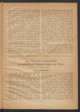 Aus Wilhelm Liebknechts persönlichen Erinnerungen an Marx