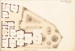Villa, Gera Monatskonkurrenz April 1878: Lageplan mit Grundriss Erdgeschoss; Maßstabsleiste, Raumplan
