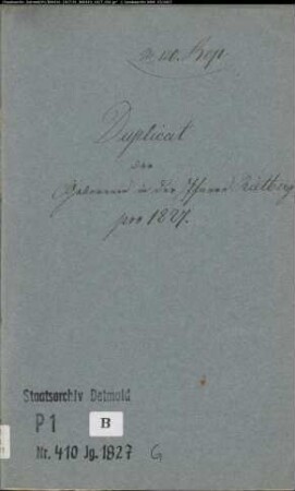 Kirchenbuchduplikat der katholischen Gemeinde Rietberg, Kreis Wiedenbrück (GHT 1827) (Gemeinde: Katholische Gemeinde Rietberg, Kreis Wiedenbrück)