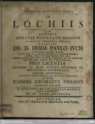 Dissertatio inauguralis Medica De Lochiis : In Auditorio Maiori Collegii ... Die XXIV. Decembr. Anno MDCCXLIX.