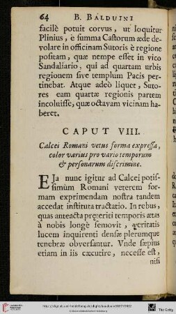 Caput VIII.: Calcei Romani vetus forma expressa, color varius pro vario temporum & personarum discrimine
