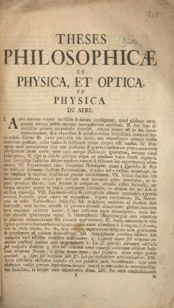 Theses philosophicæ ex physica, et optica.