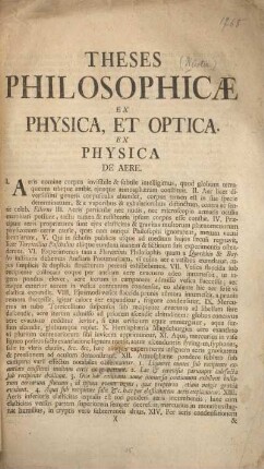 Theses philosophicæ ex physica, et optica.