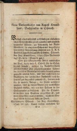 Neue Verlagsbücher von August Krumbhaar, Buchhändler in Eisenach