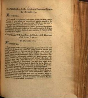 Differens Discours Et Complimens Faits à l'occasion du Retour du Parlement : Discours de M. Feydeau de Brou, Avocat Général de la Chambre Royale, lorsque M. le Chancelier y est venu, pour faire enregistrer la Déclaration qui supprime cette Chambre. Du 2 Septembre 1754.