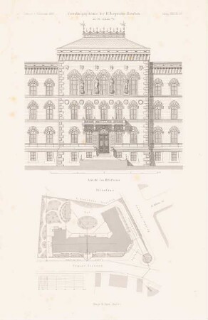 Verwaltungsgebäude der Königlichen Bergwerke, Saarbrücken-St. Johann: Lageplan, Ansicht Mittelbau (aus: Atlas zur Zeitschrift für Bauwesen, hrsg. v. G. Erbkam, Jg. 32, 1882)