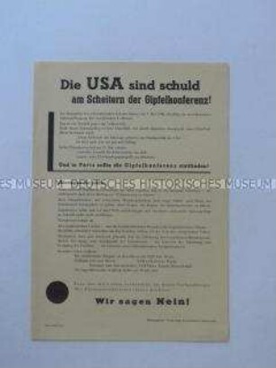Propagandaflugblatt der SED-Kreisleitung Gera-Land zum Scheitern der Gipfelkonferenz der Großmächte in Paris