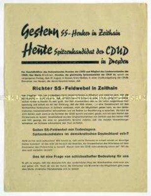 Propagandaflugblatt gegen die Kandidatur eines ehemaligen SS-Mannes für die CDU bei den Gemeindewahlen 1946