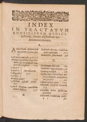 Index In Tractatum Consiliorum Medicinalium, iuxta alphabeti ordinem concinnatus.