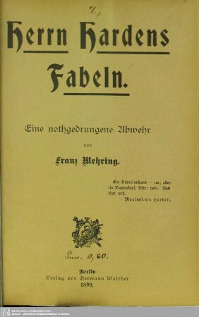 Herrn Hardens Fabeln : eine nothgedrungene Abwehr