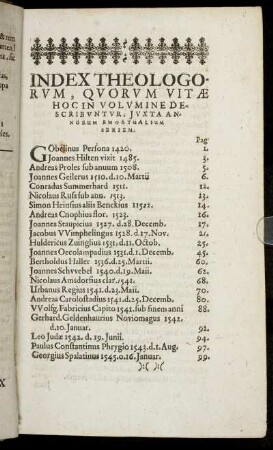 Index Theologorum, Quorum Vitae Hoc In Volumine Describuntur, Iuxta Annorum Emortualium Seriem
