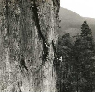 Sächsische Schweiz. Schmilkaer Gebiet, Heringsgrund bei Schmilka. Turm am Verborgenen Horn. Bernd Arnold beim Ringschlagen und Günter Lamm am "Wilden Westen", Erstbegehung am 4. Juli 1982
