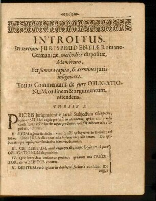 Introitus. In tertium Jurisprudentiae Romano-Germanicae, methodice dispositae, Membrum ...
