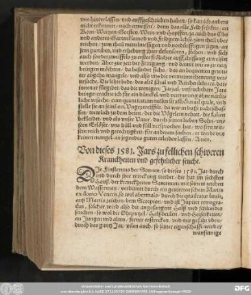 Von dieses 1581. Jars zu fellichen schweren Kranckheiten vnd gefehrlicher seuche.