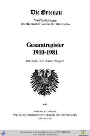 Gesamtregister 1910–1981: Die Ortenau: Zeitschrift des Historischen Vereins für Mittelbaden