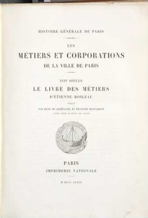 Le livre des métiers d'Étienne Boileau : XIIIe siècle