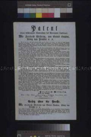 Flugblatt zum Patent wegen beschleunigter Einberufung des Vereinigten Landtages und Gesetz über die Presse; Berlin, 17./18. März 1848