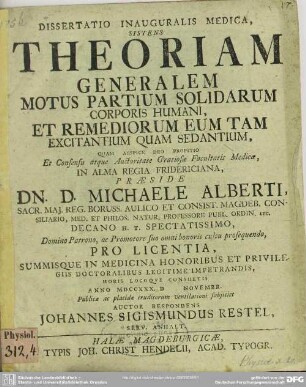 Dissertatio Inauguralis Medica, Sistens Theoriam Generalem Motus Partium Solidarum Corporis Humani, Et Remediorum Eum Tam Excitantium Quam Sedantium