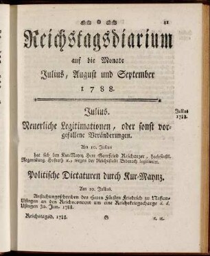 Reichstagsdiarium auf die Monate Julius, August und September 1788.