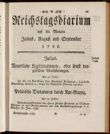 Reichstagsdiarium auf die Monate Julius, August und September 1788.