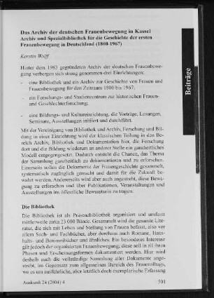 Das Archiv der deutschen Frauenbewegung in Kassel : Archiv und Spezialbibliothek für die Geschichte der ersten Frauenbewegung in Deutschland (1800-1967)
