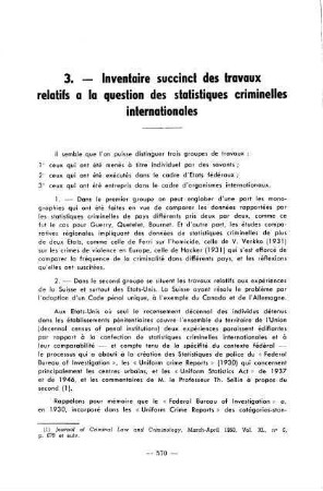 570-574, 3. Inventaire succint des travaux relatifs a la question des statistiques criminelles internationales
