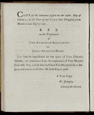 Copy of the Sentence passed on the 29th. Day of October [1781]