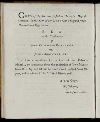 Copy of the Sentence passed on the 29th. Day of October [1781]