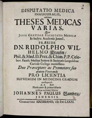 Disputatio Medica Inauguralis, exhibens Theses Medicas Varias