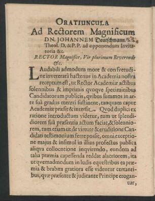 Oratiuncula Ad rectorem Magnificum Dn. Johannem Deutschmann