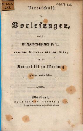 Verzeichnis der Vorlesungen. 1857/58. WH.