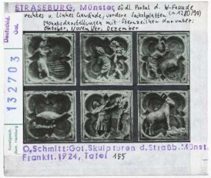 Straßburg: Münster, Westfassade, Südportal, rechtes und linkes Gewände, Sockel mit Sternzeichen und Monatsdarstellungen